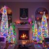 8FT, 6FT, 4FT x 3 Pre-Lit Pencil Christmas Trees, 5-set Slim Artificial Christmas Tree With Snow Flocking, Xmas Holiday Decoration Tree, 1820 Branch T