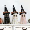 Halloween Decorations Indoor, Set of 3 Ceramic Ghosts with Witch Hats, Cute Spooky Halloween Ghost Figurines for Mantel, Shelf & Tabletop Decor