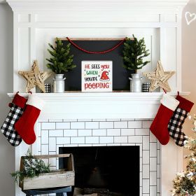 Christmas Decor Red Truck Christmas Wooden Box Signs Buffalo Plaid Christmas Decorations Christmas Decor for Home Office Bedroom Fireplace Car Tiered (Color: He Sees You When You're Pooping)